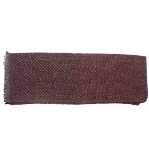 Detailed texture of reddish-brown tweed wool scarf featuring hand-tied fringe edges