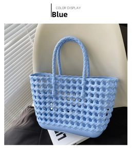 Detail of light blue woven jelly beach bag with hollow knit design and sturdy handles