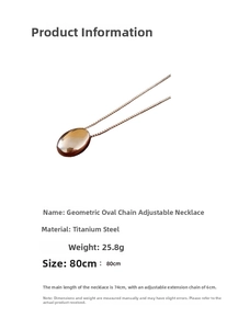 Detail showing titanium steel oval necklace measurements and adjustable chain parameters