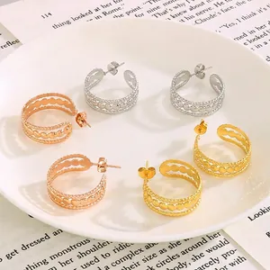 Boucles D'oreilles Créoles Multi-Rangs Vintage Français Femmes Acier Inoxydable Perlé Creux En Forme De C Bijoux