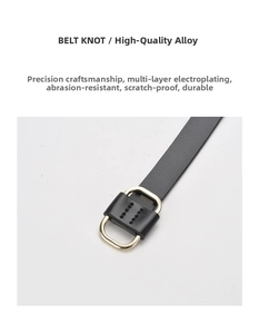 Detail of the golden alloy square buckle and black genuine leather belt knot for women