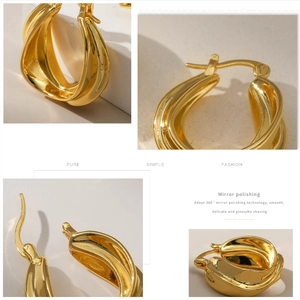Macro view of mirror polished 18K gold irregular geometric twisted hoop earrings