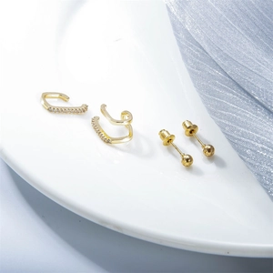 Minimalist gold ear cuff set with micro-paved zircons and smooth matte ball studs