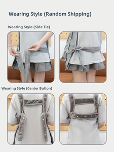 Detail showing the adjustable waist straps and multi-row buttons on grey plush apron