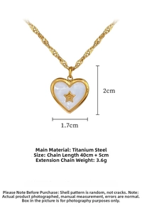 Detail of heart shell pendant necklace showing dimensions 1.7x2cm and 40+5cm chain length