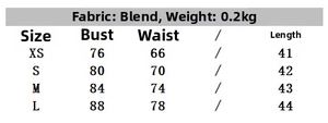 Detailed size chart for the stretch top with bow decoration and fabric weight specs