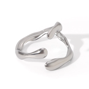 Polished silver irregular wave ring with liquid metal texture and adjustable open band