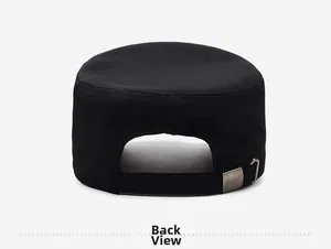 Detail view of the black flat top military cap back with adjustable metal buckle and Sport logo