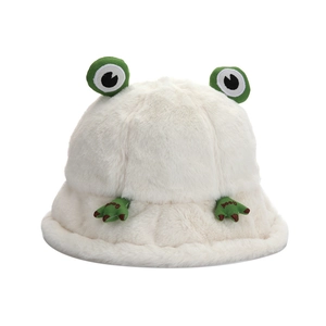 Cute white plush frog bucket hat for women with cartoon eyes and Good embroidery detail