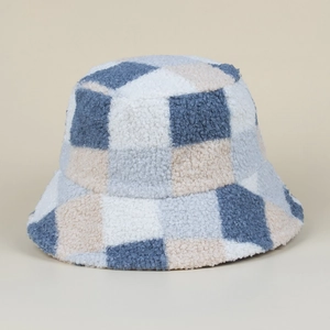 Chapeau bob en peluche à carreaux bleus et blancs pour femmes en fausse fourrure