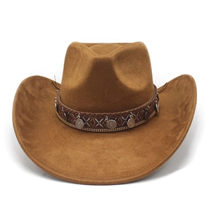 Close-up of brown suede cowboy hat with ethnic embroidered band and metal pendants