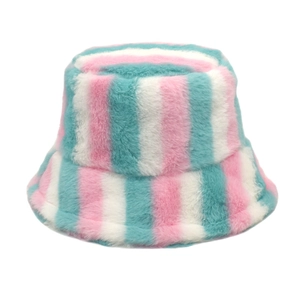 Close-up of thick plush bucket hat featuring pink and mint green vertical stripes