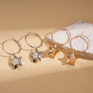 Star pendant hoop earrings in gold and silver finish with minimalist geometric design