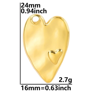 Detail of 18k gold plated heart pendant showing 24mm height and 16mm width measurements