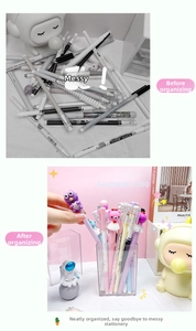 Detailed comparison of organized desk storage with clear acrylic pencil holders and pens