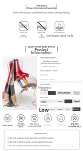 Detailed size and material chart for thick plaid cashmere-like scarf 200x70cm