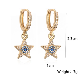 Gold star drop earrings with blue zircon center and size labels 2.3cm x 1cm