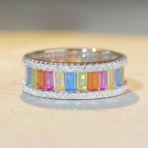 Elegant S925 sterling silver rainbow ring featuring colorful rectangle cubic zirconia stones