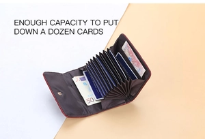 Detail showing high capacity deep red accordion card holder with multiple slots