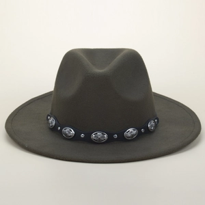 Classic olive green fedora hat with wool felt texture and decorative metal buckle band