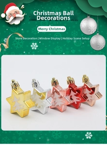 Detail of star-shaped Christmas ornaments with white tree patterns in multiple colors