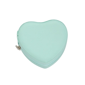 Mint green heart-shaped PU leather jewelry storage box with silver metal zipper closure