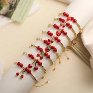 Fruit Charm Bracelet Copper Beads Enamel Cherry Strawberry Adjustable Woven Cord Sweet Fashion Jewelry For Women