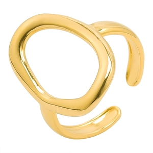 Detailed macro view of an irregular hollow oval open ring in a polished gold finish