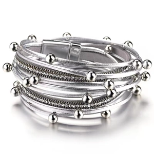 Silver multilayer PU leather bracelet with metallic beads, rhinestones, and magnetic clasp