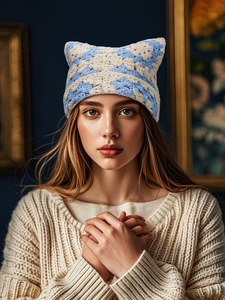 Detailed close-up of handmade crochet cat ear beanie with two-tone knit texture
