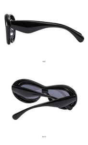 Side and back view of trendy Y2K thick black frame sunglasses with grey lenses
