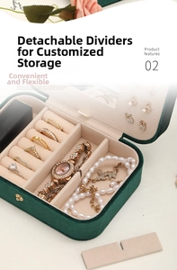 Detail of dark green velvet jewelry box showing mirror and removable compartments