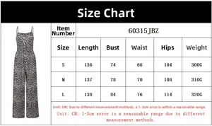 Detailed size chart for leopard print backless jumpsuit including bust and waist metrics