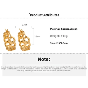 Detailed view of gold plated chain hoop earrings with cubic zirconia, size 2.5x2.3cm