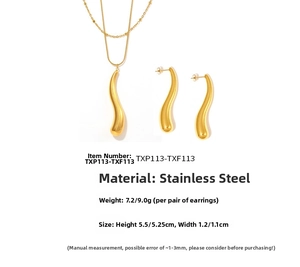 Polished stainless steel water drop pendant necklace and earrings fashion jewelry set