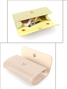 Detail view of glitter evening clutch bags with magnetic closure and internal chain hooks