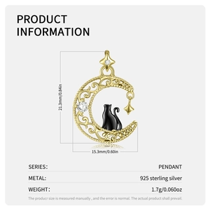 925 sterling silver moon cat necklace with black enamel and gold plating, 21.3x15.3mm size