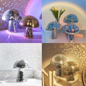 Detailed mosaic mirror mushroom disco ball reflecting vibrant aurora and sunset lighting