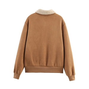 Back view of camel oversized pilot jacket with white sherpa collar and ribbed cuffs