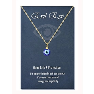 Golden stainless steel chain with a blue evil eye charm on a gift display card