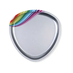Polished silver stainless steel triangular jewelry tray with vibrant rainbow accent