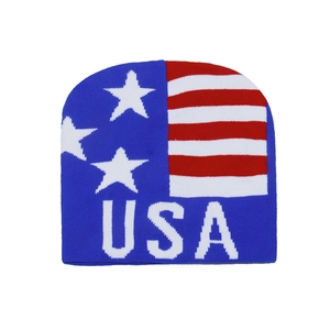 Detail showing high-quality USA flag knit texture and white stars on the warm beanie