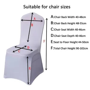Size chart for white elastic polyester chair cover showing suitable dimensions