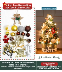 Detail of 19pcs gold and brown Christmas tree ornaments set with LED string lights