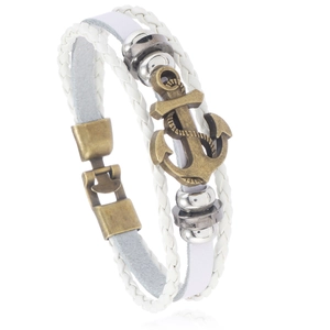 Detail of woven white leather bracelet with bronze anchor charm and silver metal beads