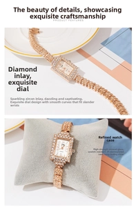 Detail of square quartz watch with rhinestone bezel and gold leaf-shaped hollow links