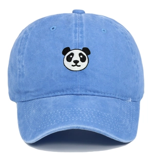 Sky blue washed cotton baseball cap featuring cute panda embroidery and curved brim