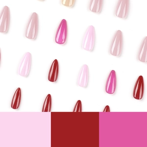 Glossy almond-shaped press-on nails in various shades of pink and burgundy hues