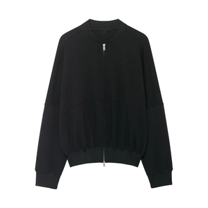 Close-up of black zip-up sports jacket with ribbed collar and silver metal zipper detail