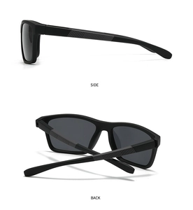 Side and back view of matte black polarized sunglasses with grey anti-slip grip detail
